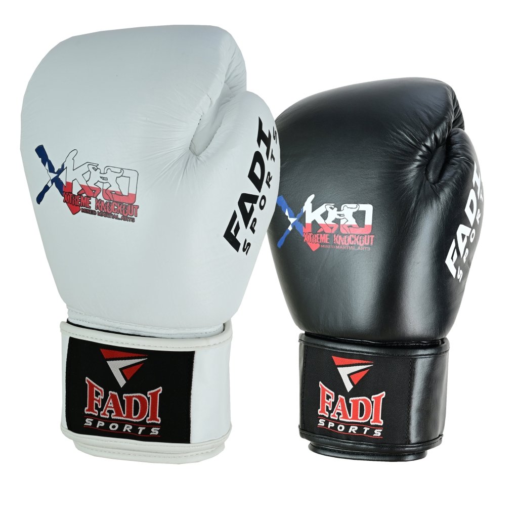 Fadi Sports Xtreme Knockout Muay Thai Boxing Gloves - Genuine Leather, Black & White - Fadi Sports Main image